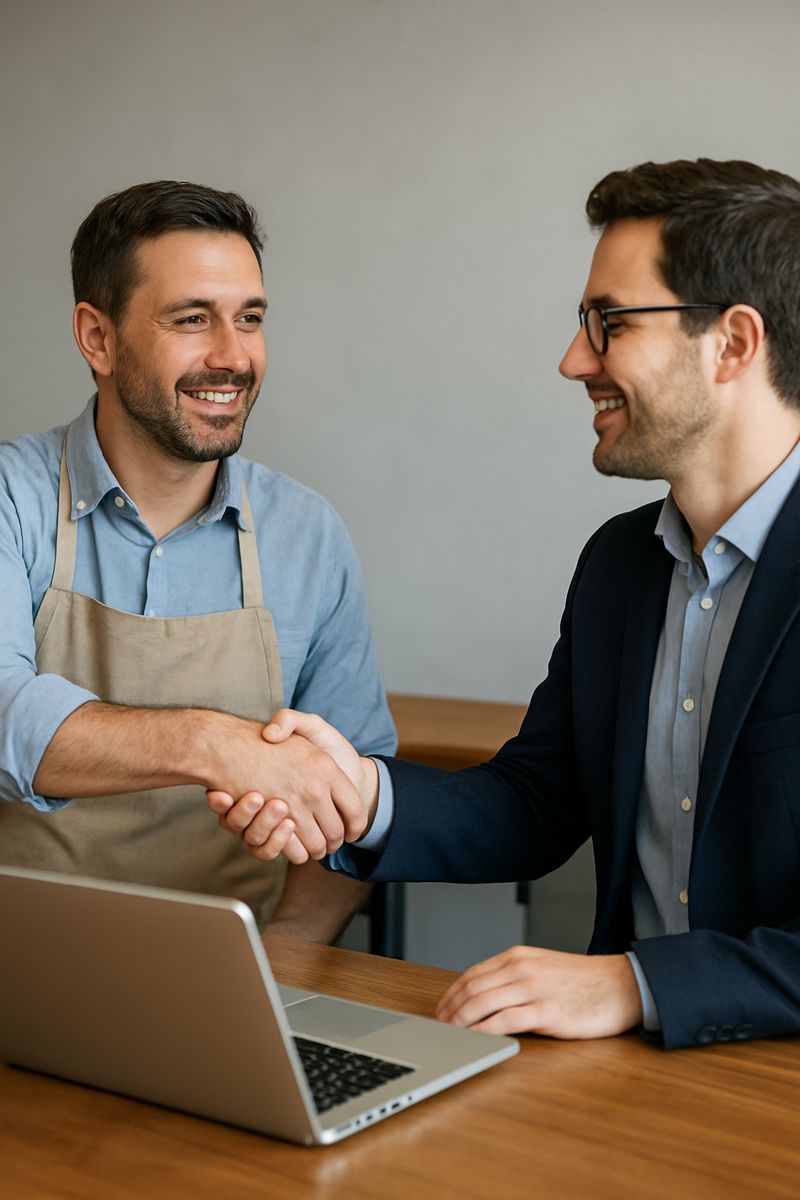 Small business owner shaking hands with business professional